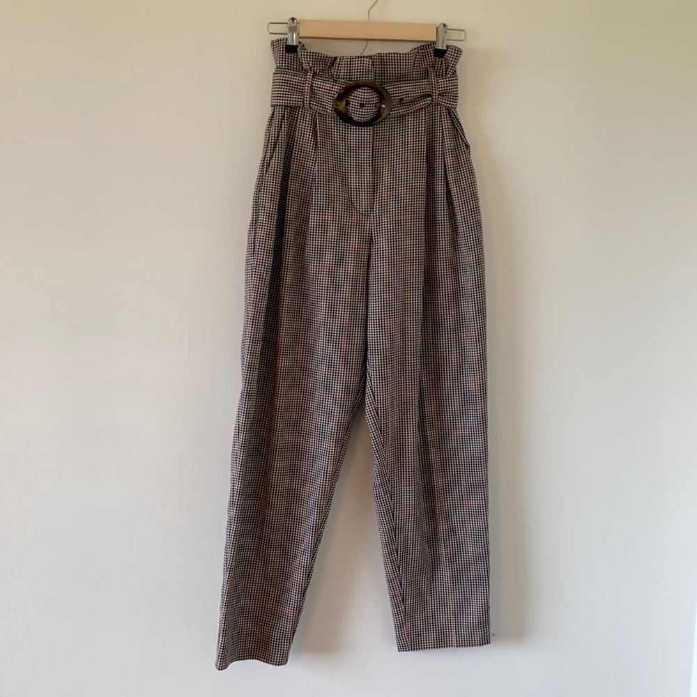 Mango high waist paper bag houndstooth pant